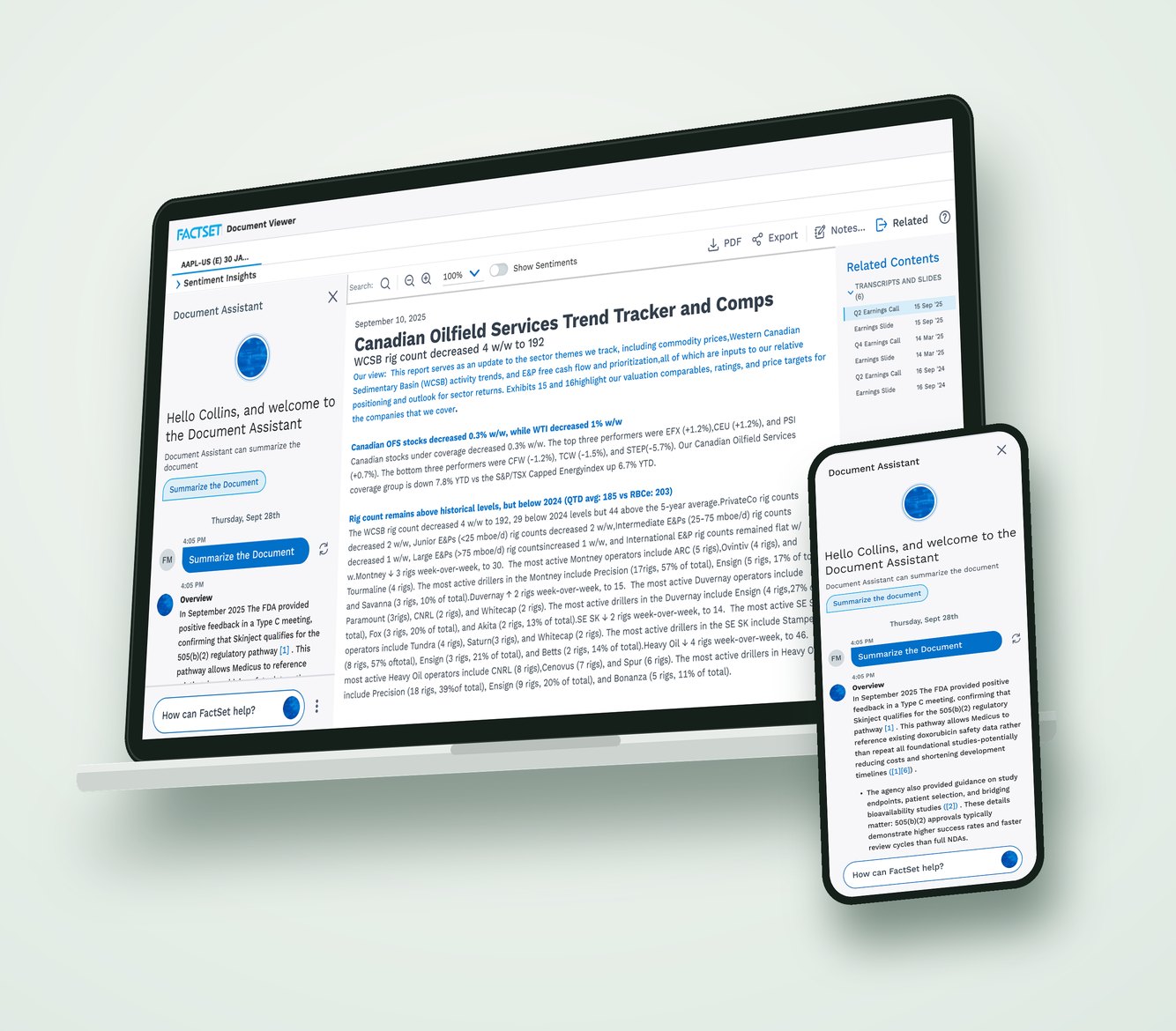 Document Assistant on a laptop and phone beside a FactSet report