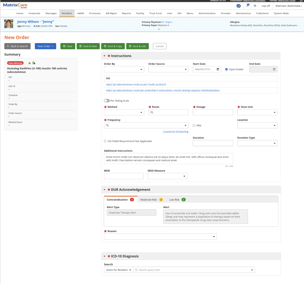 Redesigned new order form with DUR acknowledgement