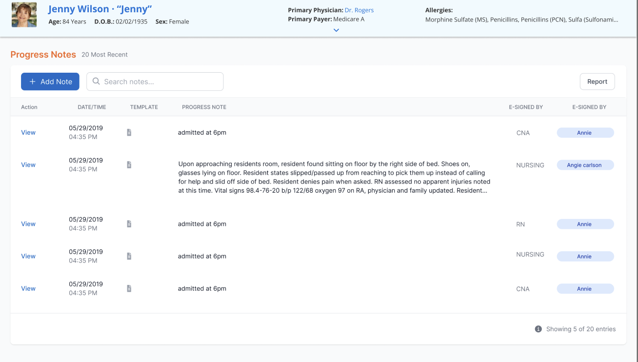 Redesigned progress notes list