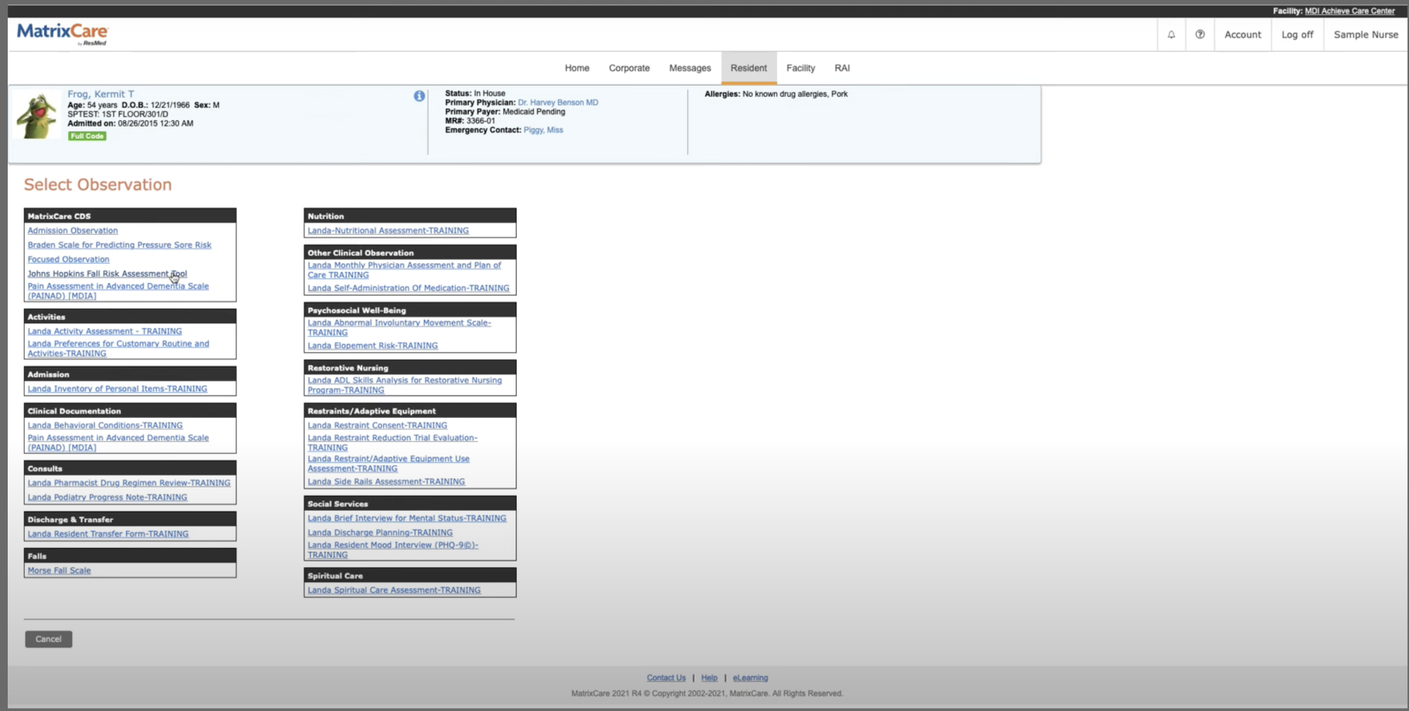 Legacy select observation screen with many links