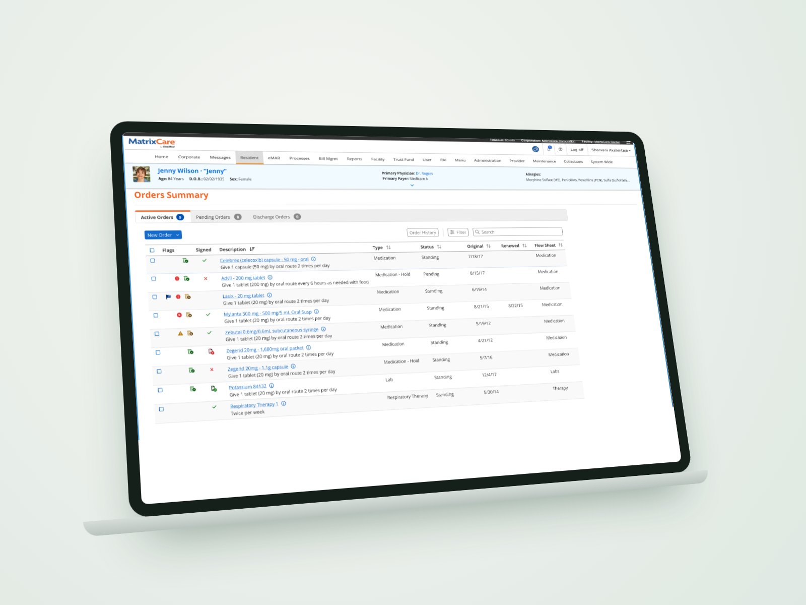Redesigned MatrixCare Orders Summary on a laptop