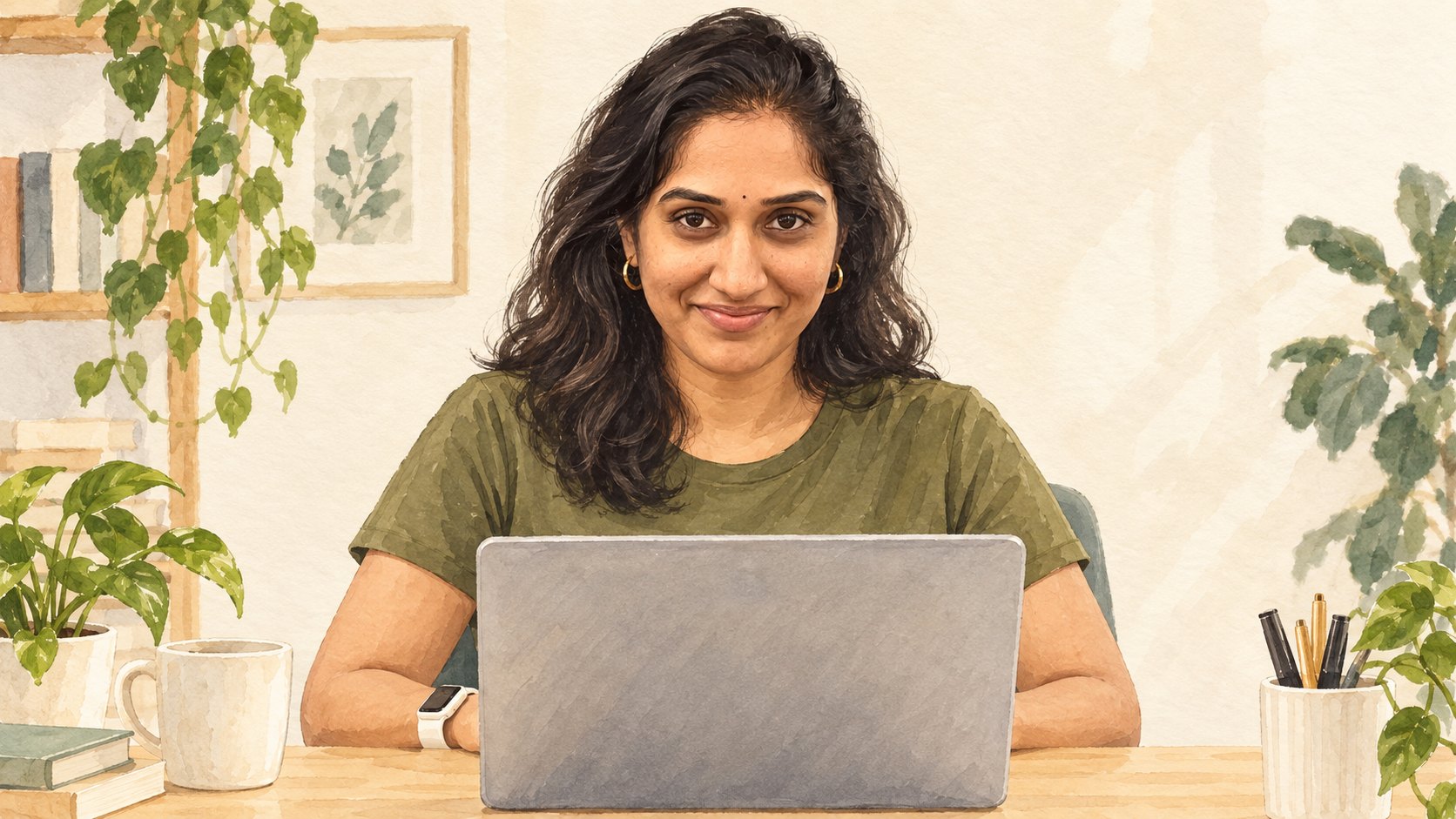 Watercolor portrait of Sharvani at her desk with a laptop and plants