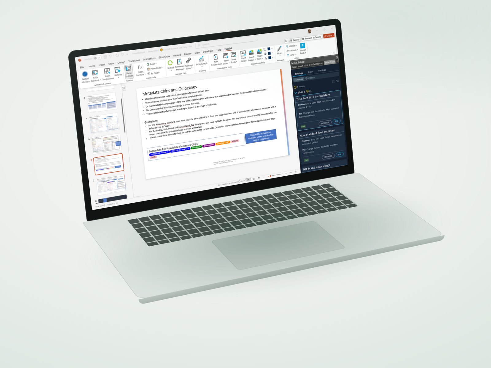 Slide Check findings in the FactSet sidebar next to a PowerPoint slide