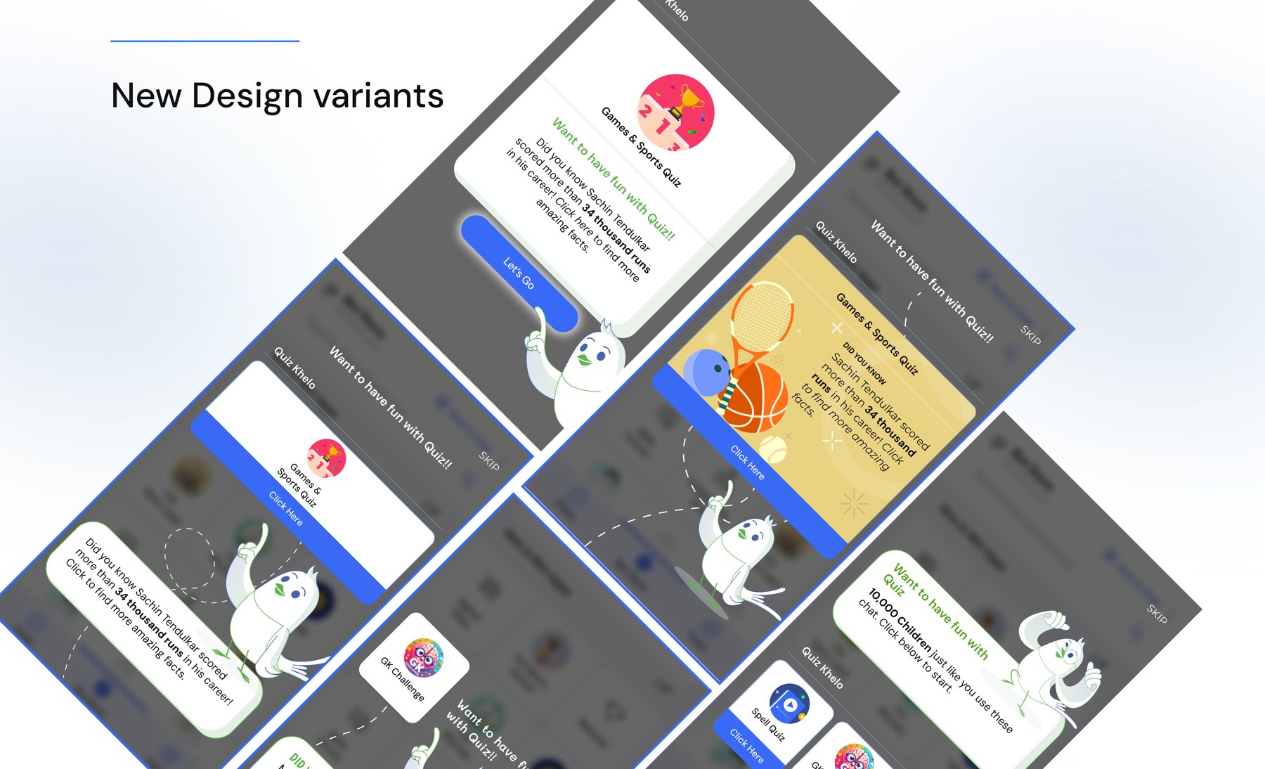 New popup design variants with the mascot bird inviting users into the Games and Sports Quiz, GK Challenge and Spell Quiz bots.