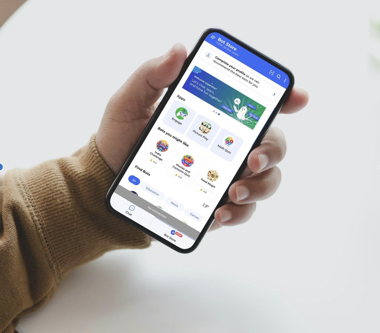 A hand holding a phone showing the SwiftChat Bot Store