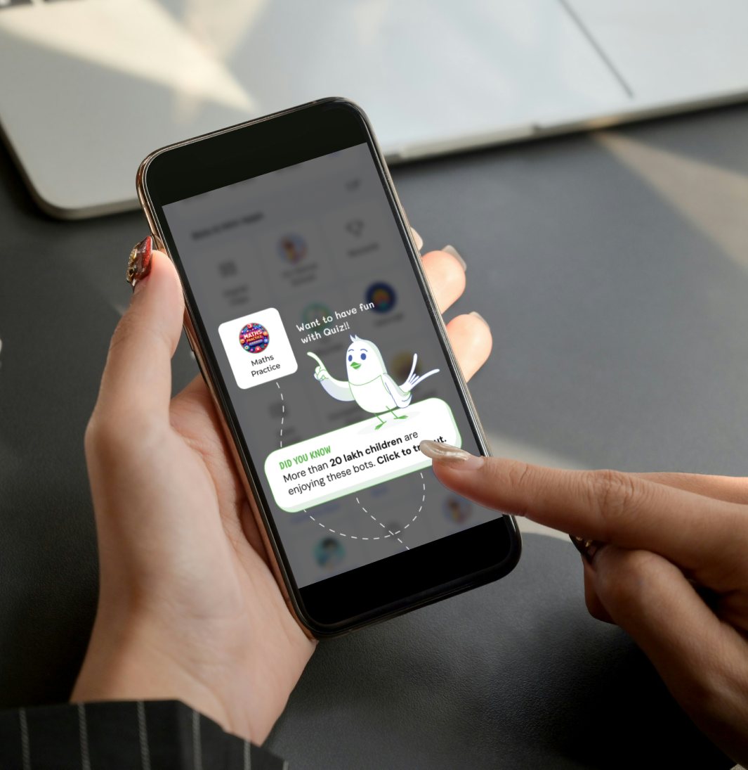 A student taps the guided popup on SwiftChat: a mascot bird points to Maths Practice with the line, more than 20 lakh children are enjoying these bots.