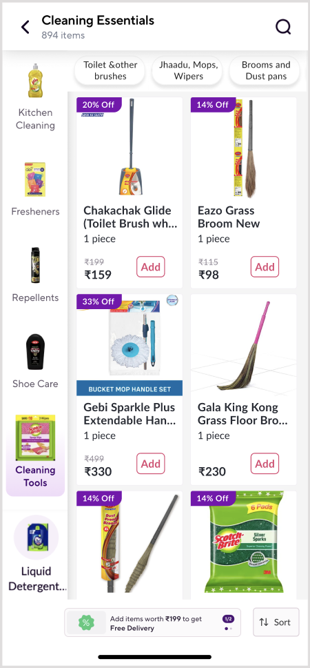 Redesigned Cleaning Tools with quick filter pills and a Sort button