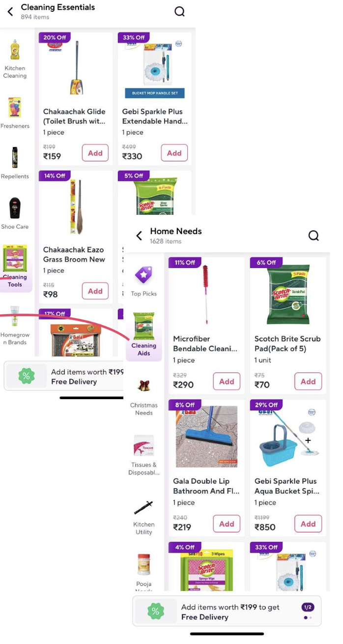 Zepto before: similar cleaning products split across Cleaning Tools and Cleaning Aids