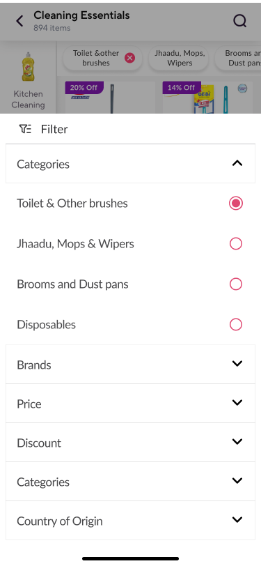 Filter sheet with Categories expanded to four product types