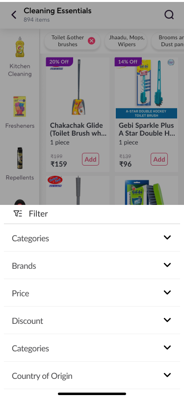 Filter sheet listing categories, brands, price, discount and country of origin