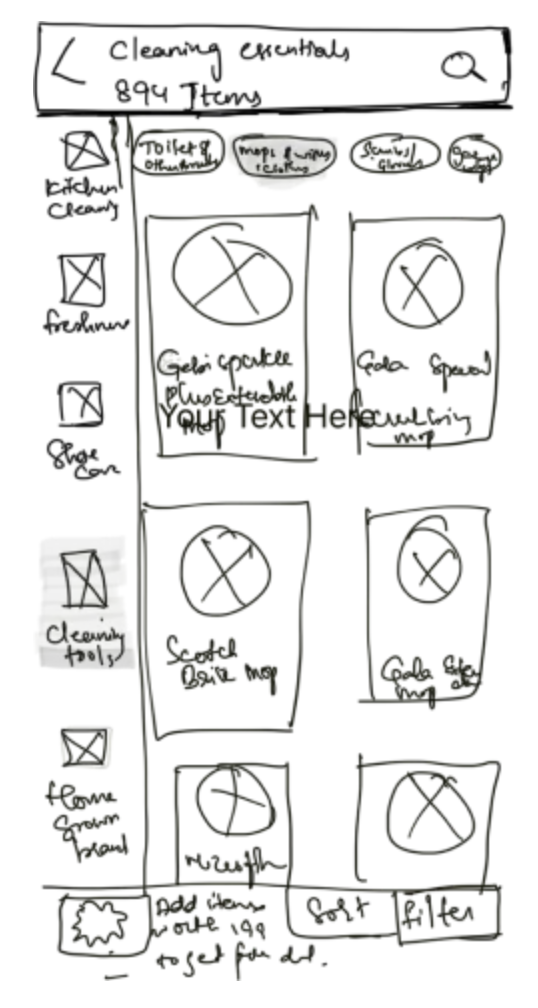 Paper wireframe of Cleaning Essentials with filter pills and sort and filter buttons
